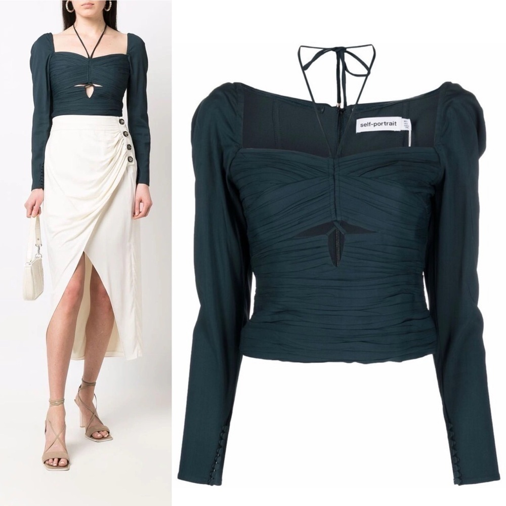 NEW! Self Portrait- Slate Stretch Crepe Cut Out Top Slate Blue Sweetheart Neck 4